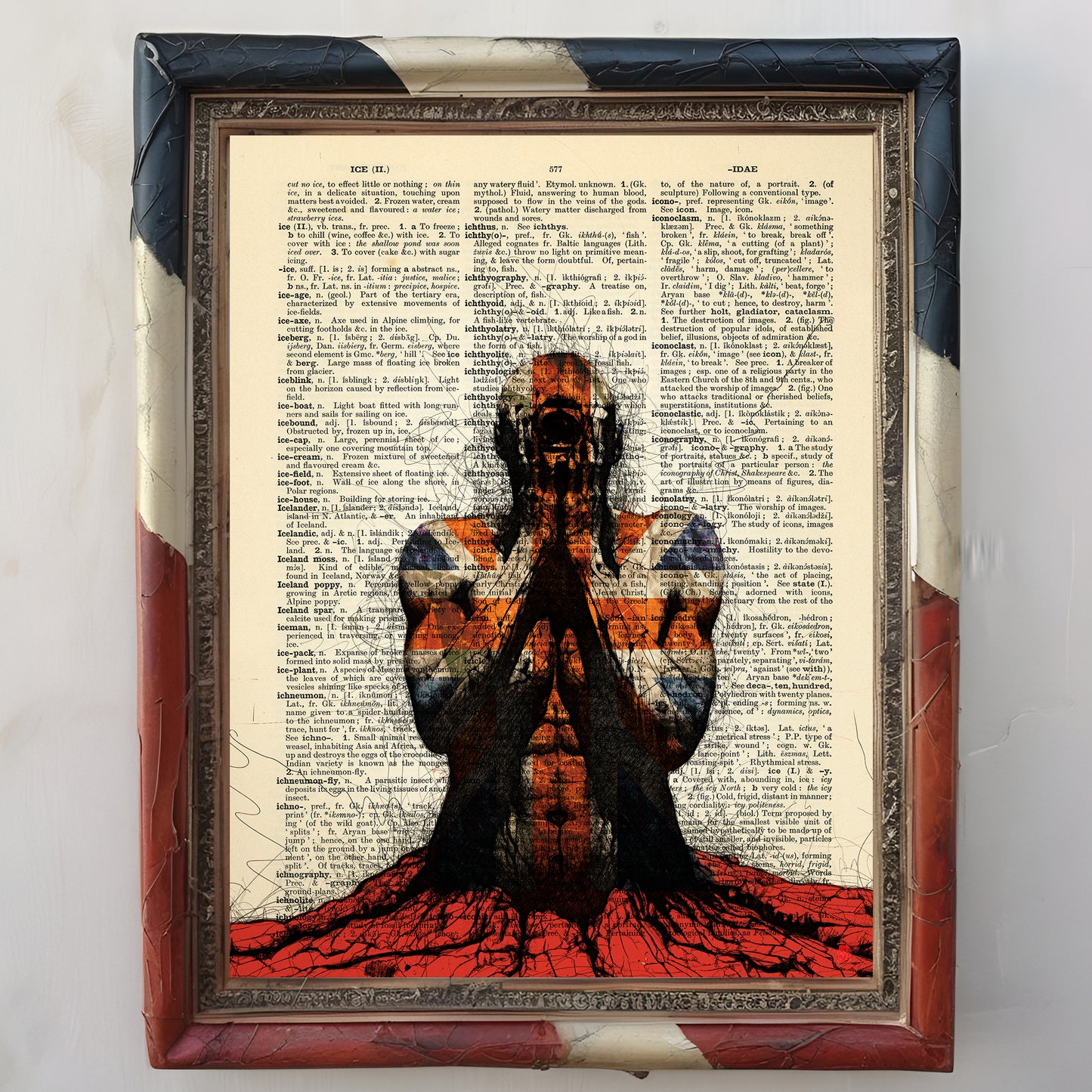 Limited edition art print of UK Riots - Despair on an antique dictionary page, depicting societal challenges.