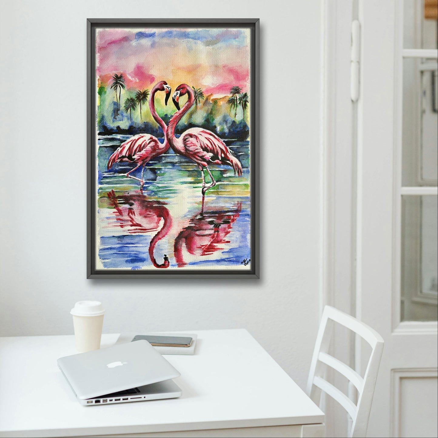 Flamingos at sunset on a tropical beach, hand-painted using watercolor, acrylic, and ink techniques.
