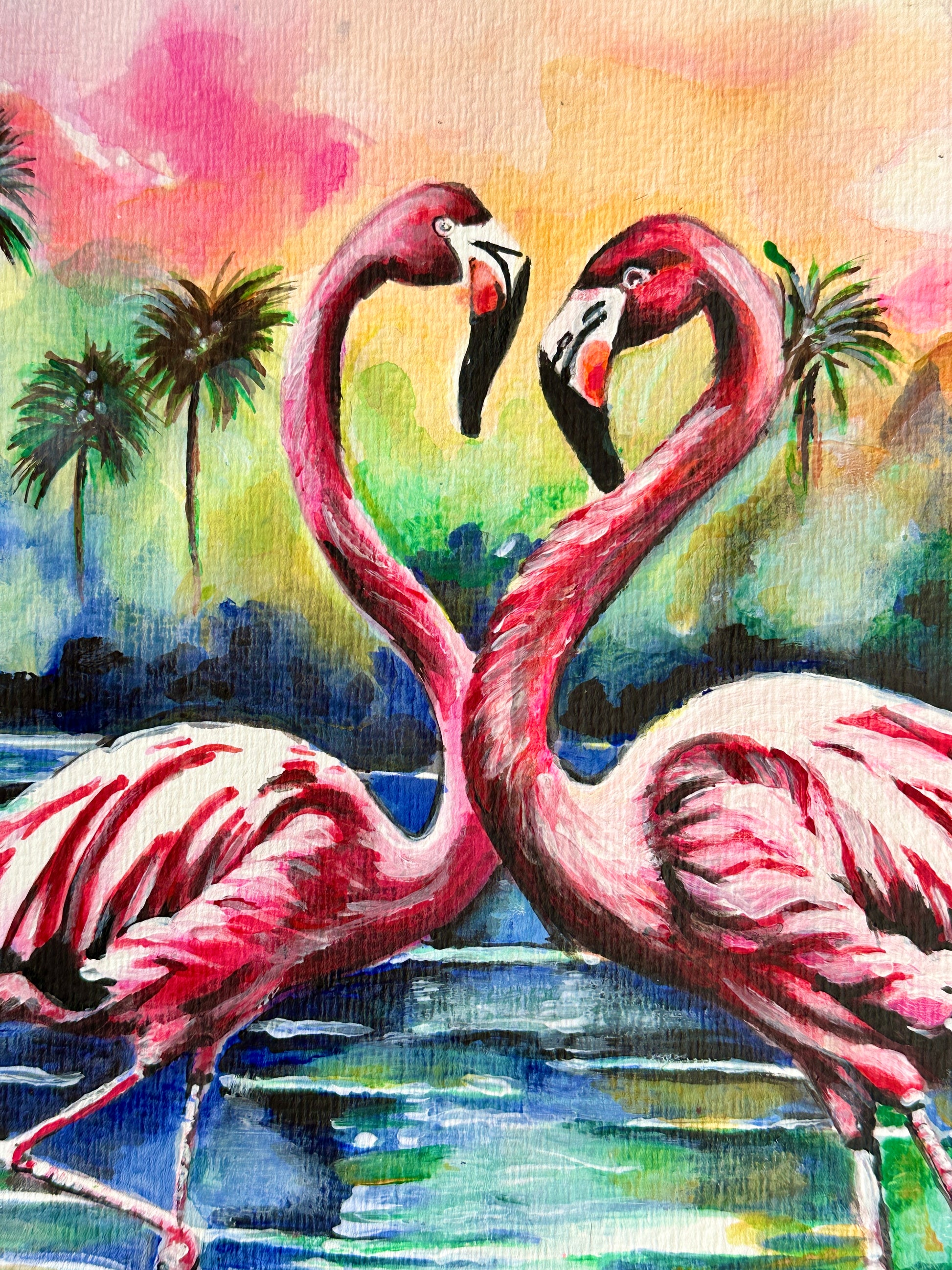 Watercolor painting of flamingos at sunset, enhanced with acrylic and ink on 240g/m² paper.
