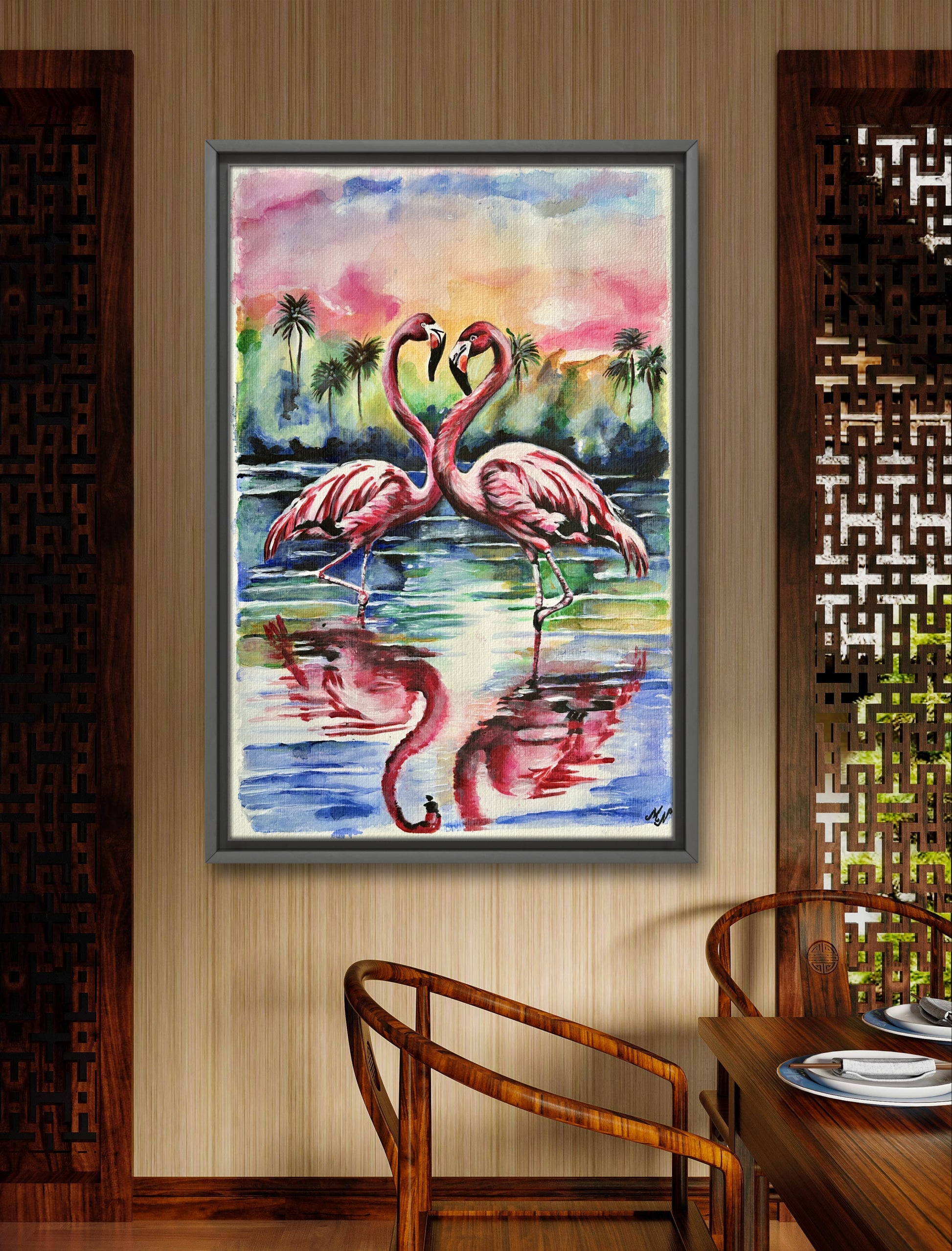 Flamingos at Sunset, an original artwork created with watercolor, acrylic, and ink on textured paper.
