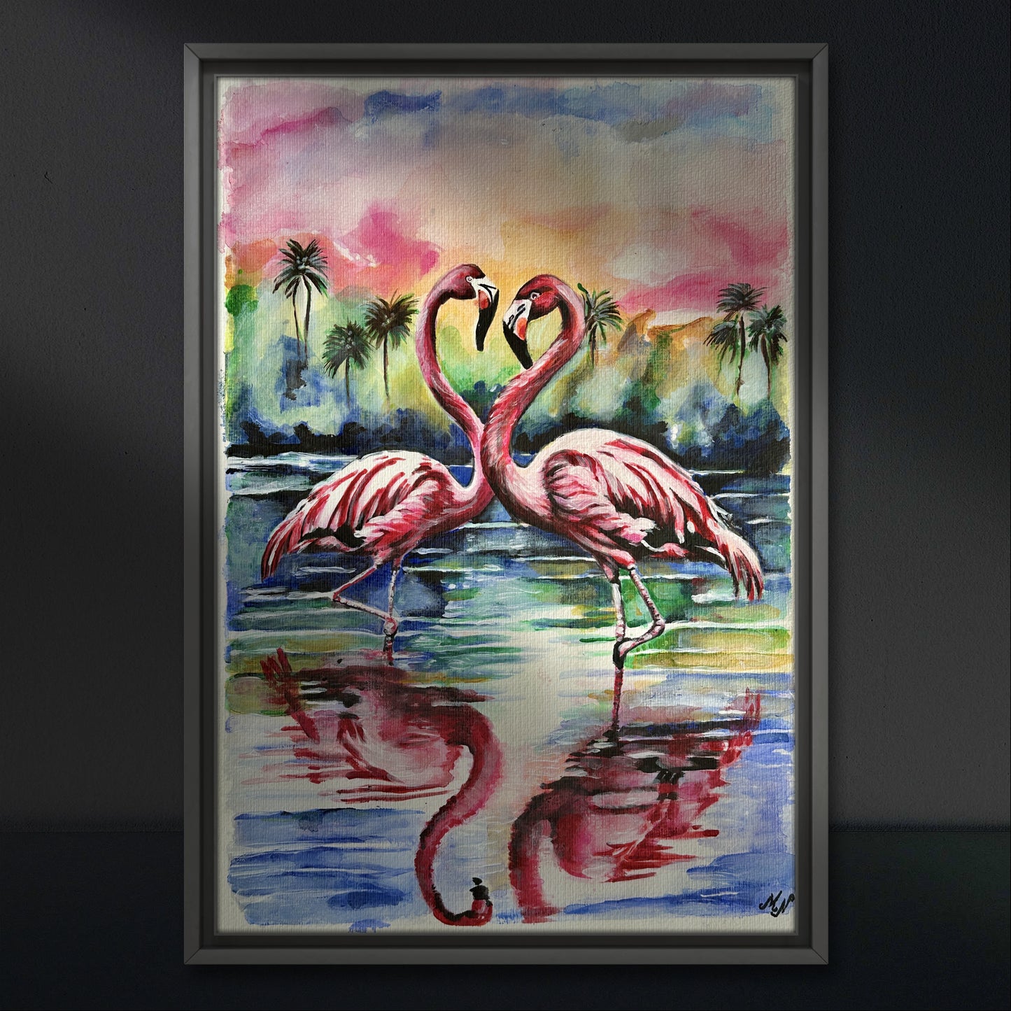 Original painting of flamingos on a wild beach at sunset, created with watercolor, acrylic, and ink.
