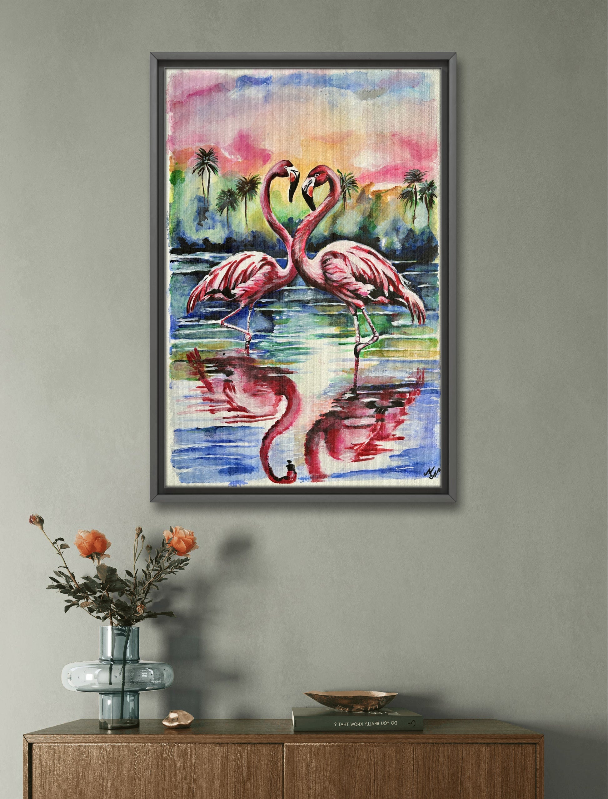 Vibrant flamingos at sunset, an original painting on A3+ aquarella fine art paper by Misty Lady.
