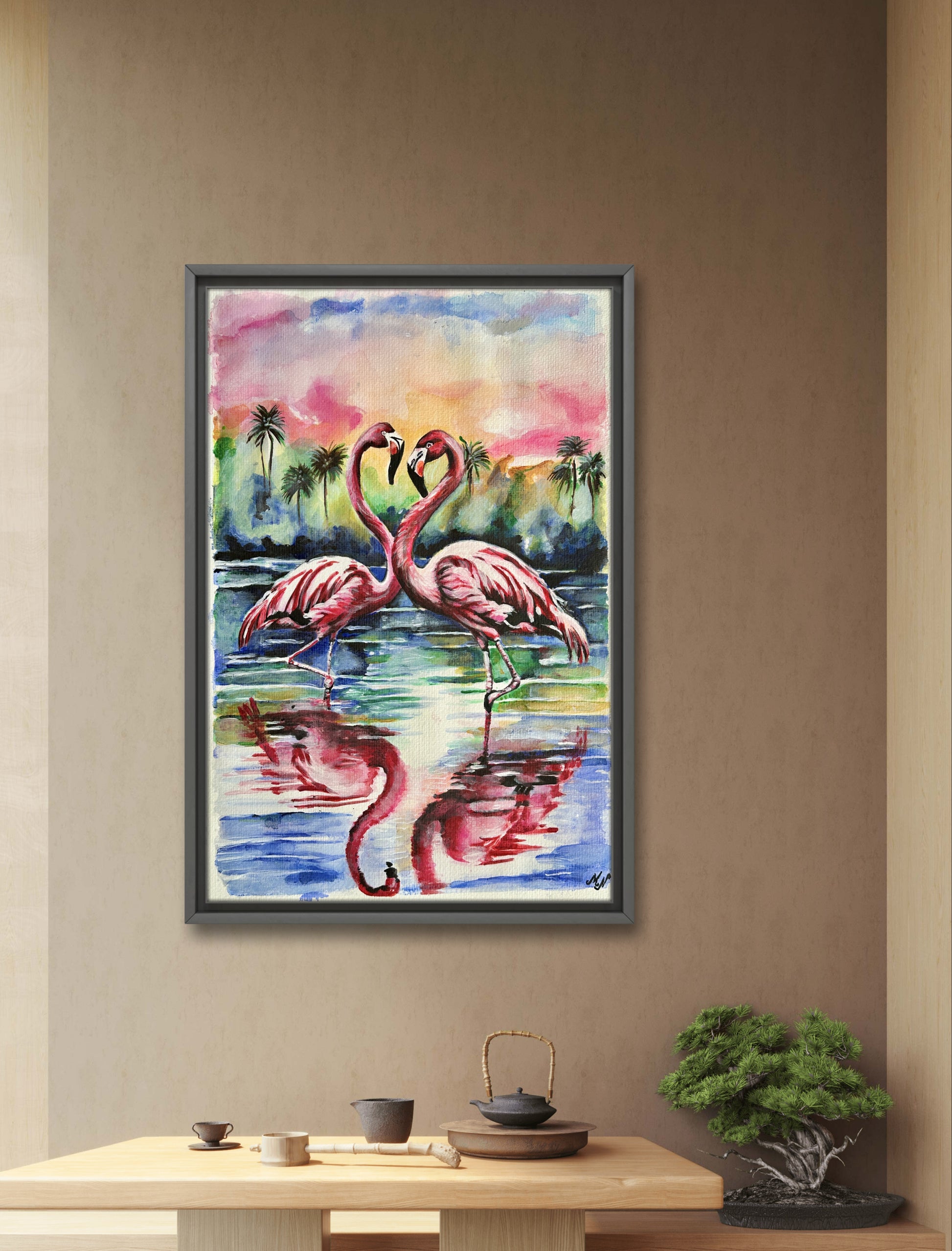 Flamingos on a tropical beach during sunset, watercolor painting enhanced with acrylic and ink.
