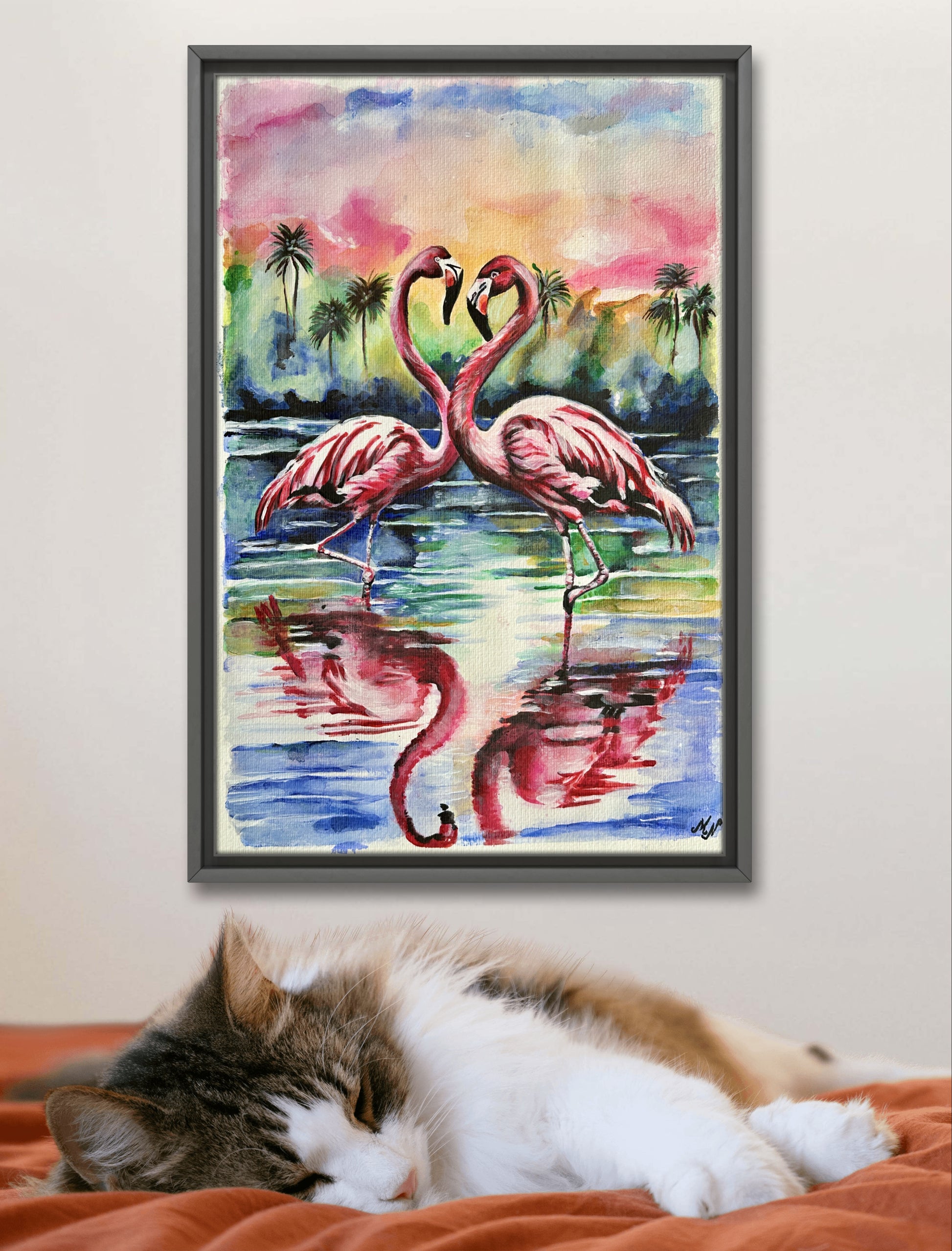 Tropical sunset flamingo scene painted with watercolor and acrylic on 240g/m² aquarella fine art paper.
