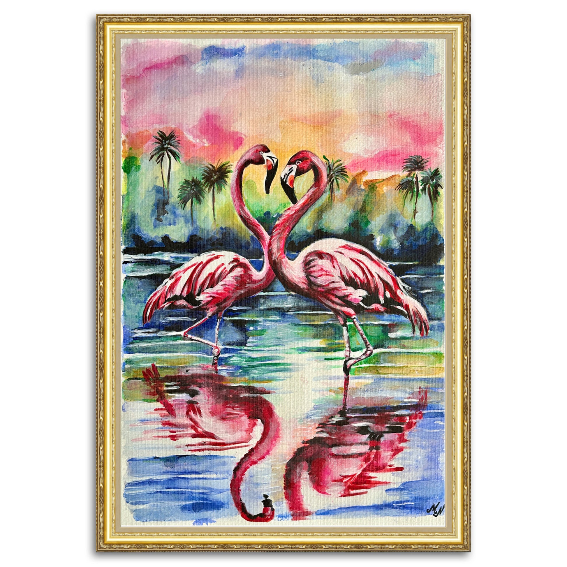 Flamingos at Sunset watercolor painting on a tropical beach with acrylic and ink details.