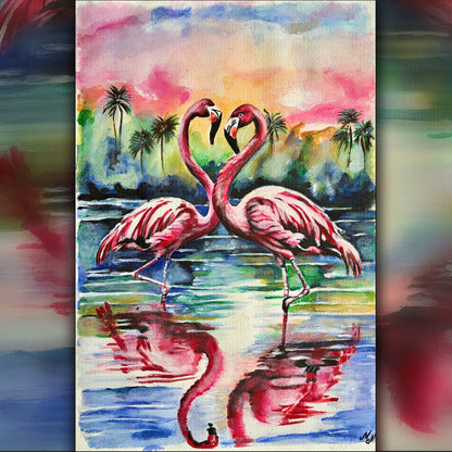 Tropical sunset scene with flamingos, painted on textured aquarella fine art paper by Misty Lady.
