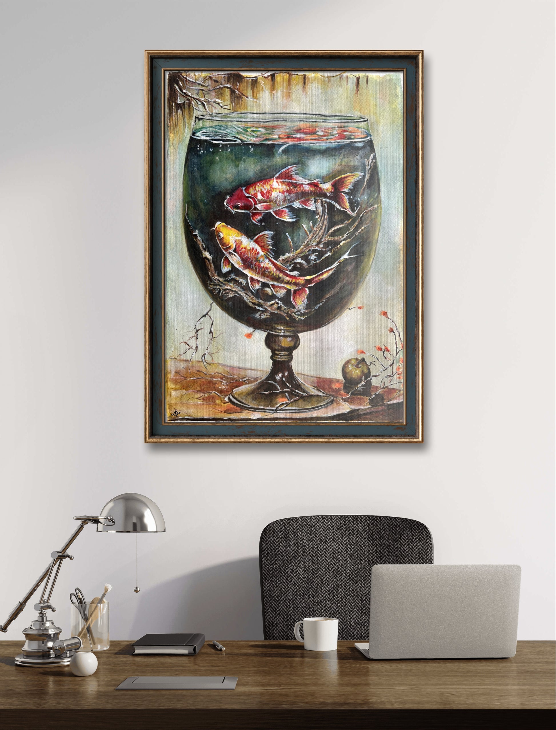 Koi fish enjoying an elegant setting, swimming gracefully in a glass of water, created with watercolor and acrylic paints.