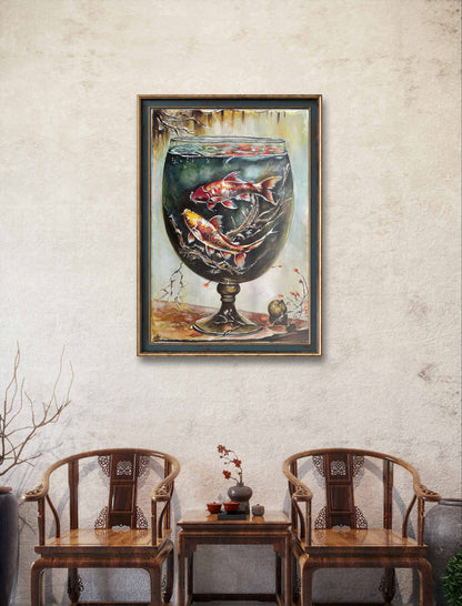 Artistic depiction of koi fish in a glass of water, blending watercolors, acrylic, and ink for a surreal, textured effect.