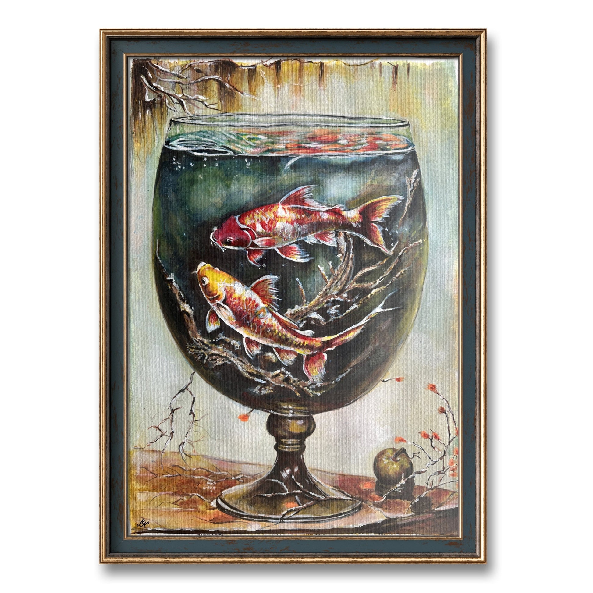 Koi fish swimming in a glass of water, surrounded by twisted branches, painted with watercolor, acrylic, and ink on textured paper.