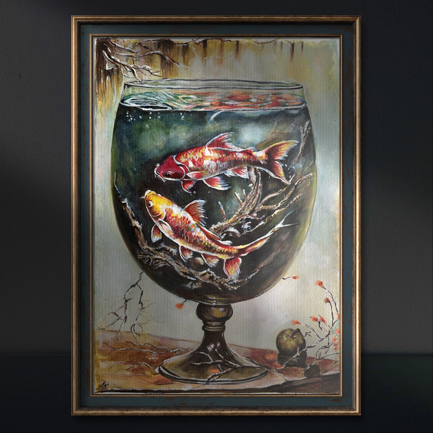 Surreal artwork featuring koi fish floating in a glass of water, perched on a wooden throne, painted in a vibrant watercolor style.