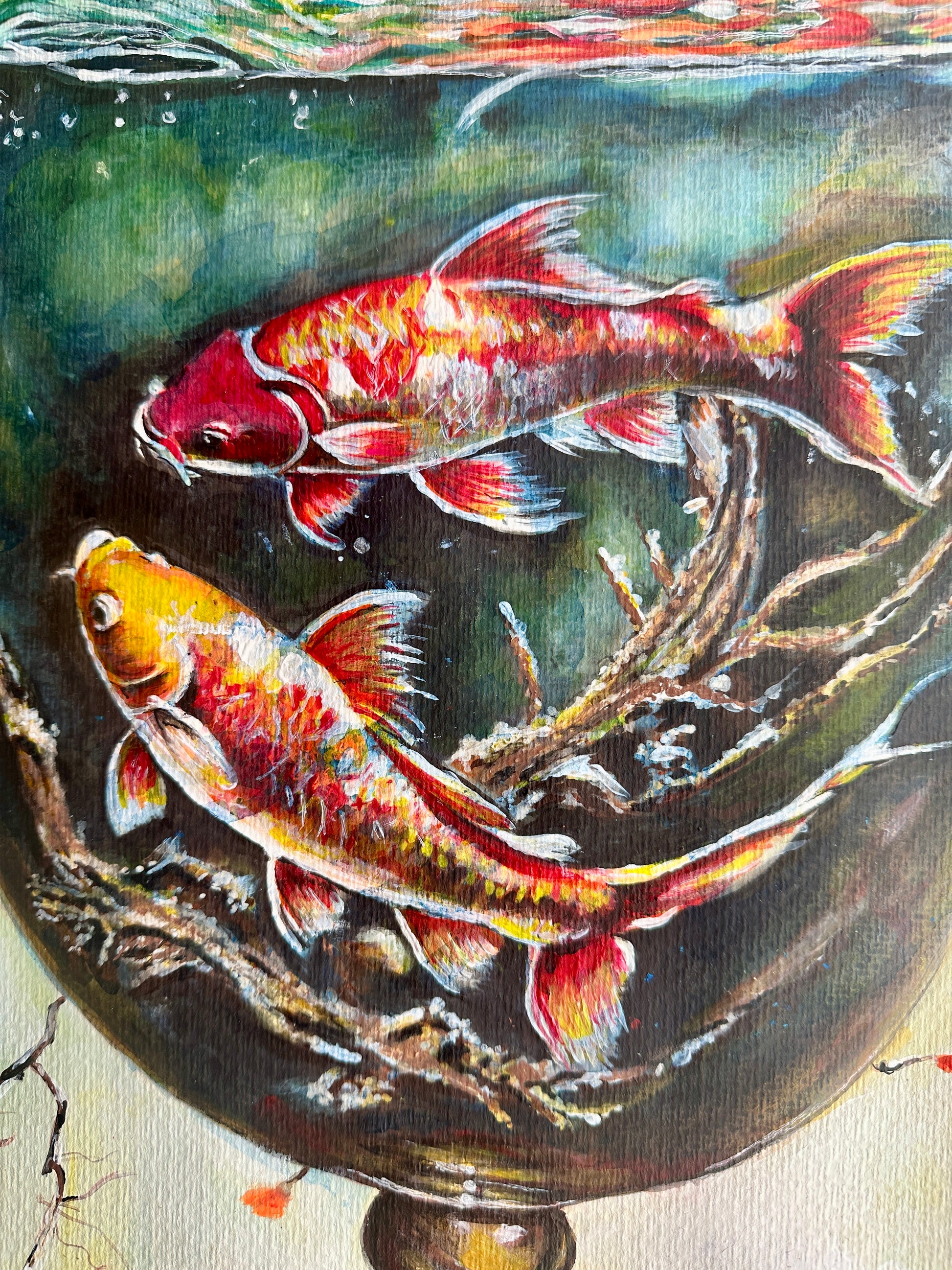 Surreal painting of koi fish swimming in a glass, featuring intricate branches and detailed textures from watercolors and ink.