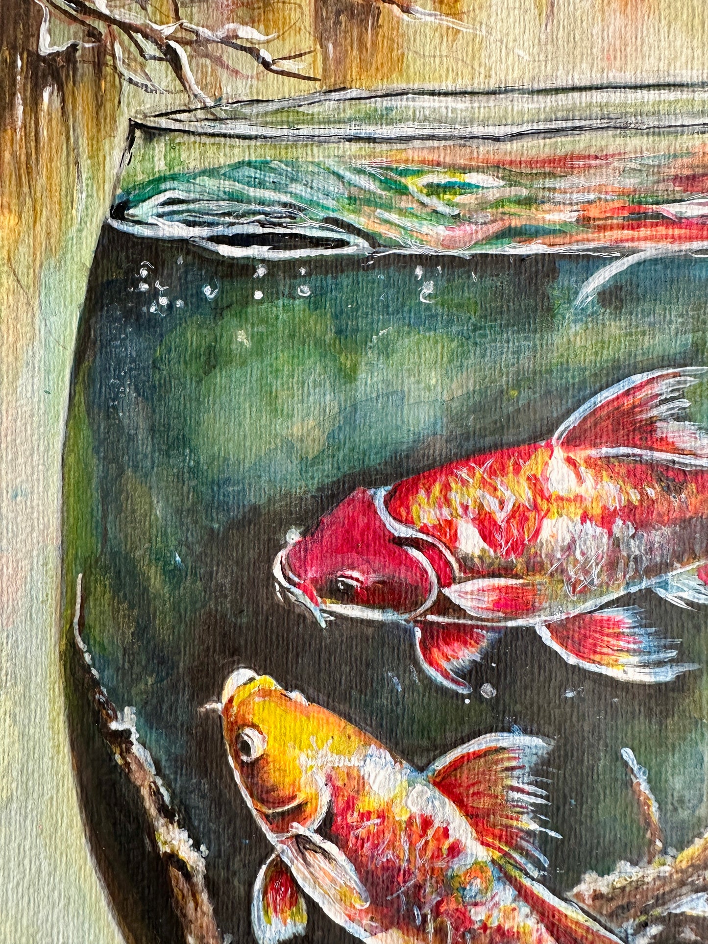 Koi fish in an unusual setting, floating in a glass of water, created with a mix of watercolor, acrylic, and ink.