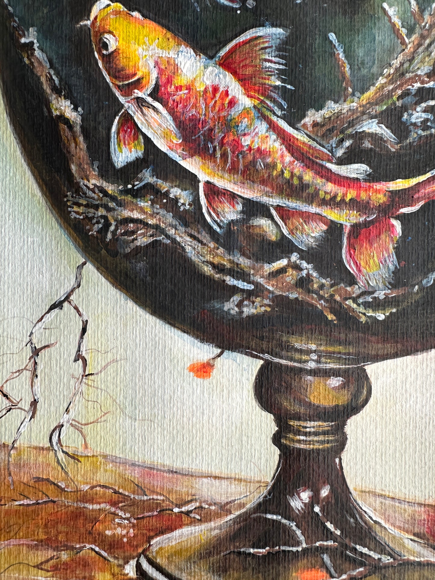 Koi fish in a surreal scene, depicted in a glass of water with intricate details, using watercolor, acrylic, and ink on textured paper.