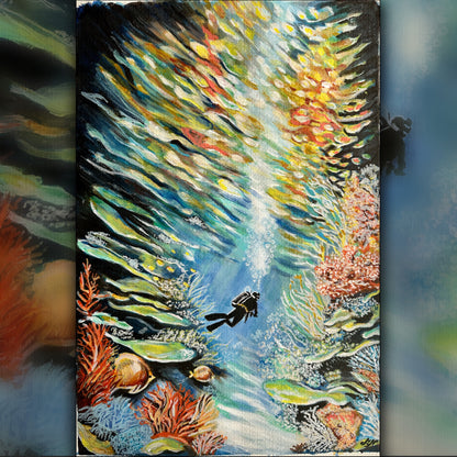 "Diver above a colorful coral reef with shimmering light patterns on aquarelle fine art paper."