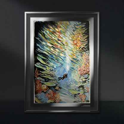 "Underwater scene with a scuba diver over a rich coral reef, painted on highly textured aquarelle paper."
