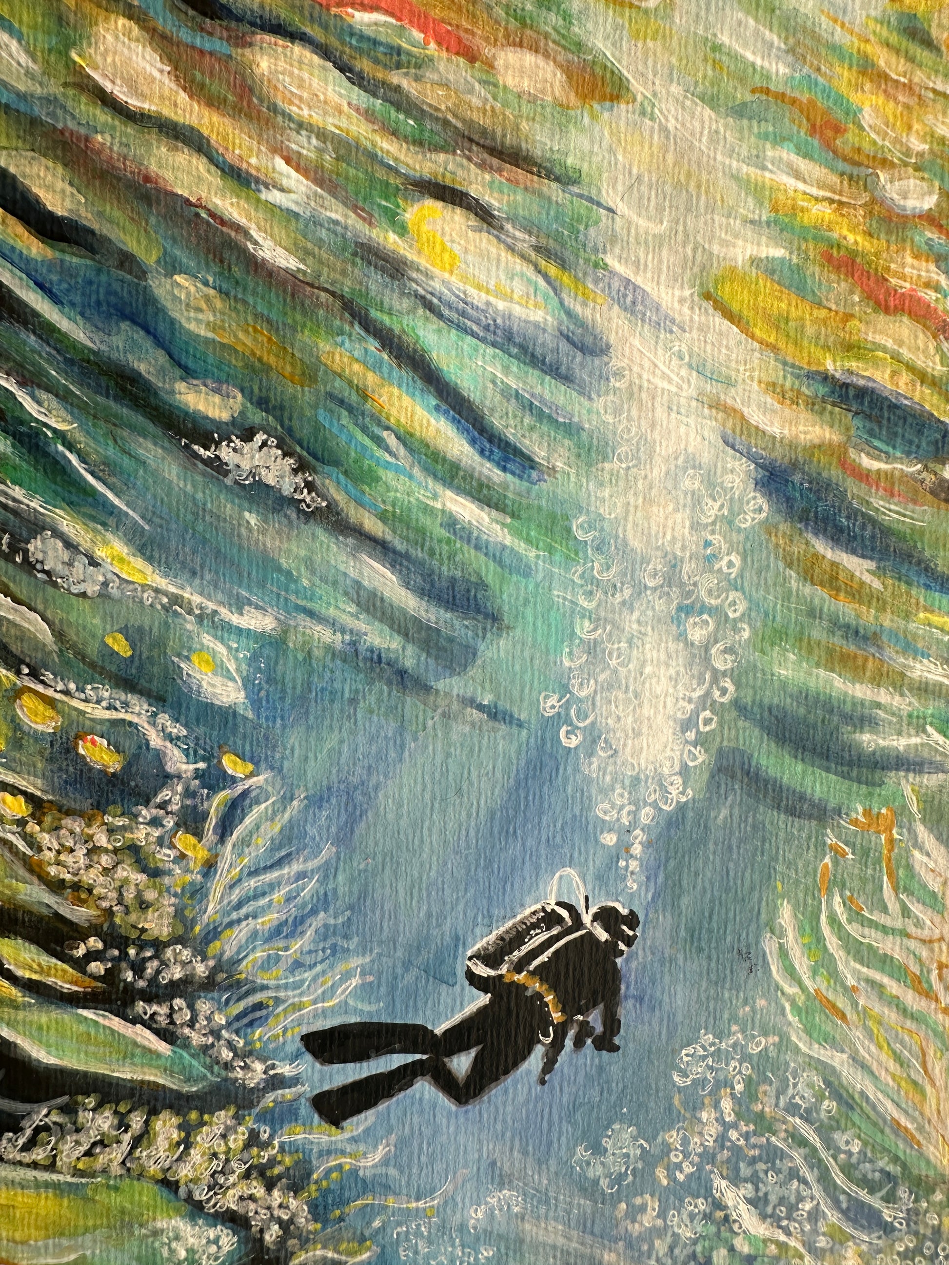 "Diver among the biodiversity of a coral reef, sunlight patterns shimmering above, on aquarelle paper."