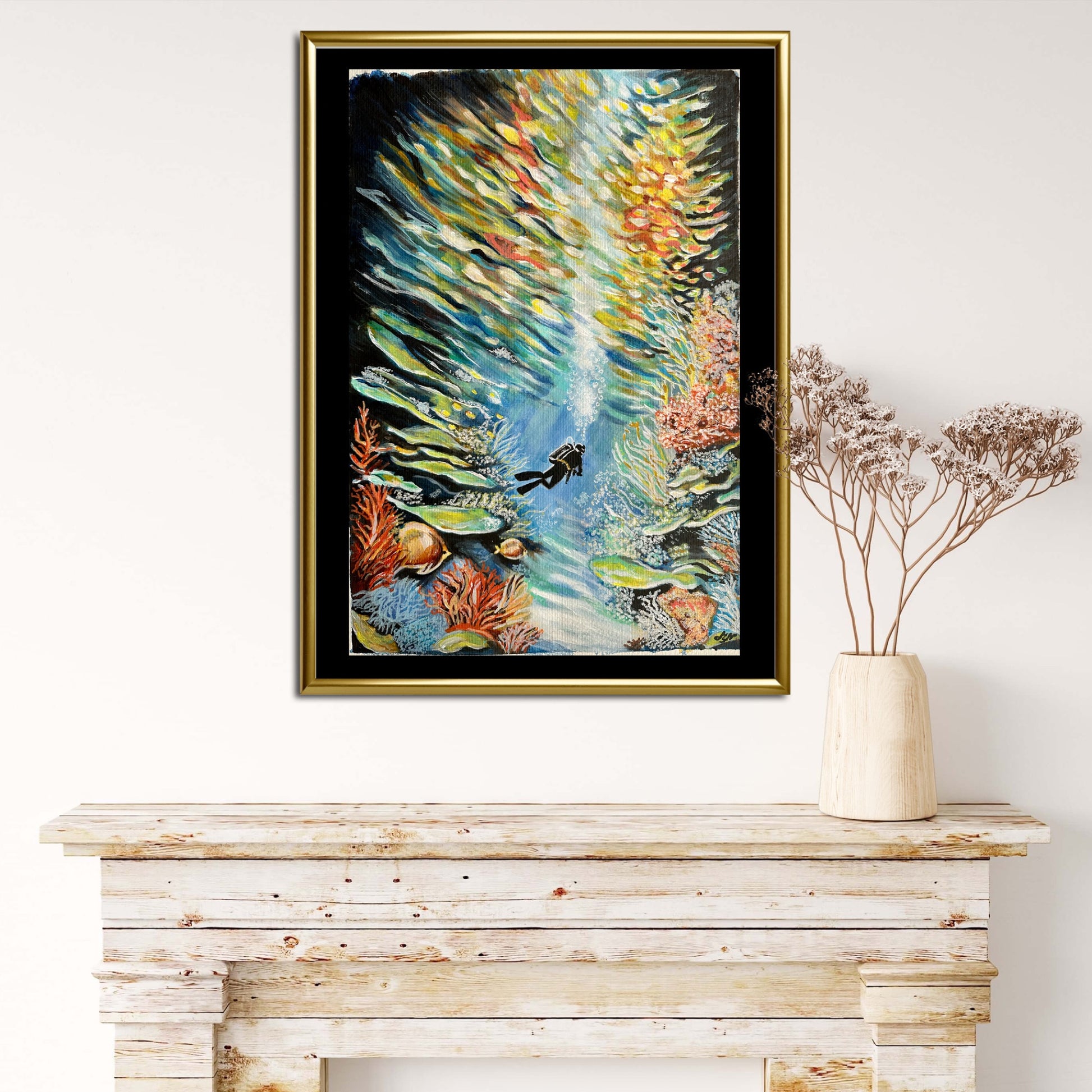 "Painting of a diver and vibrant coral reef with shimmering sunlight, on aquarelle fine art paper."