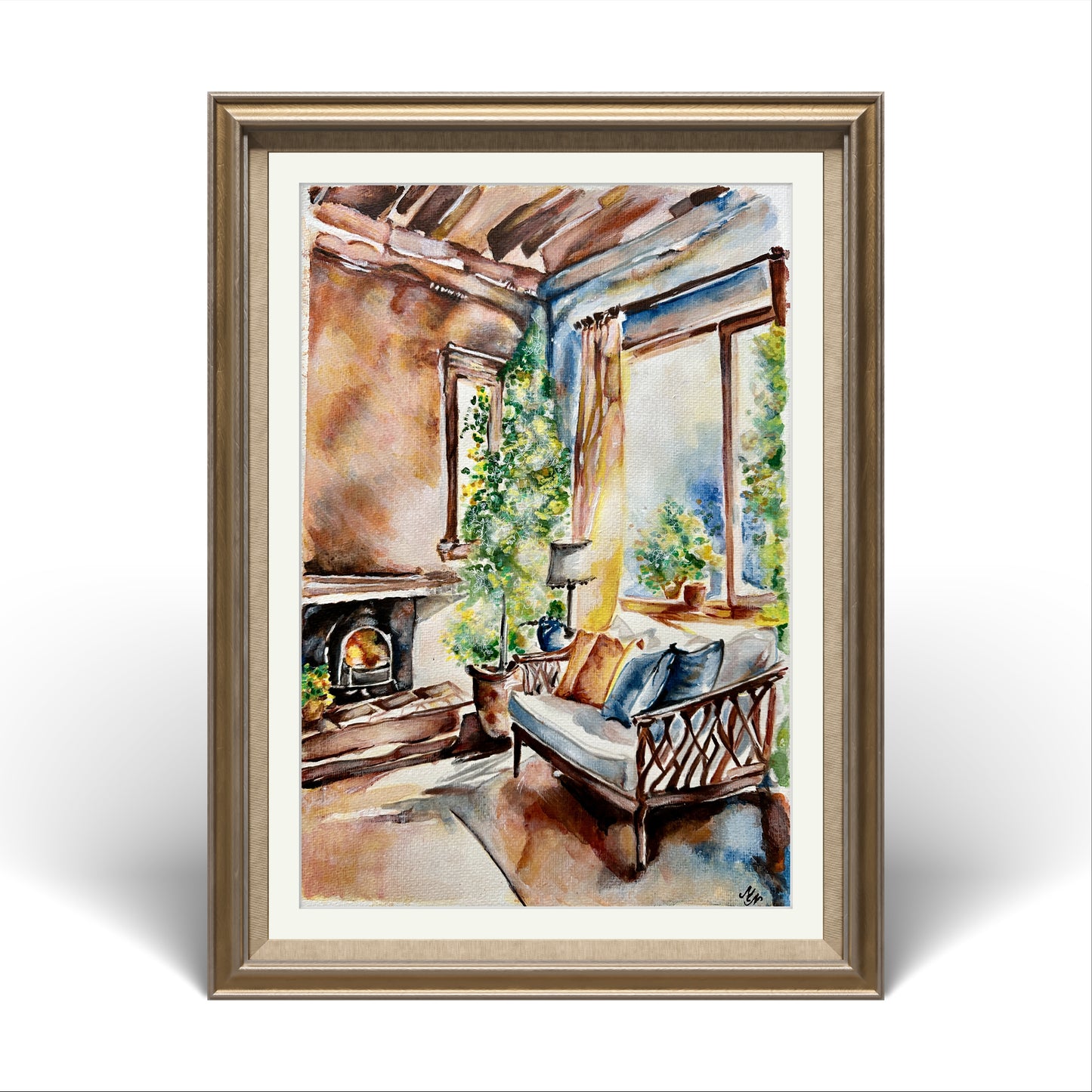 "Warm, sunlit garden room with a golden glow, filled with vibrant greenery and blooming flowers."