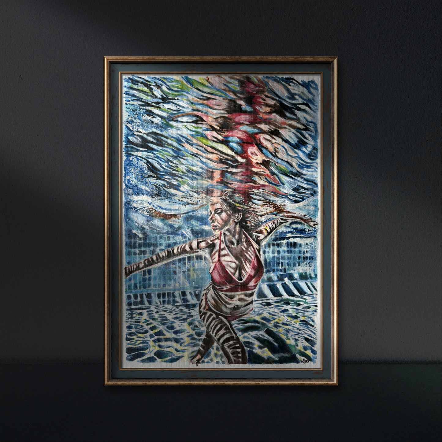 Original artwork "Underwater Beauty" by Misty Lady, showing a woman beneath the water with colorful reflections on the pool’s surface.