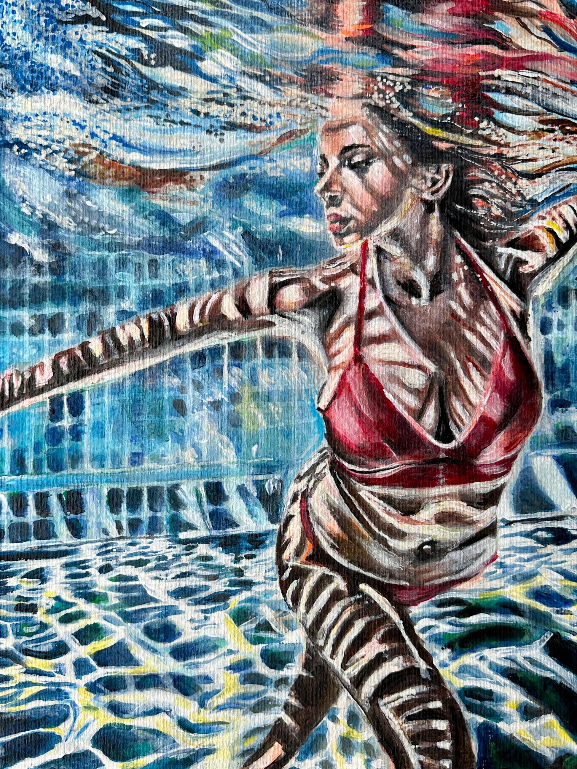 Watercolor and acrylic painting of a woman underwater with stunning reflections, created by Misty Lady.