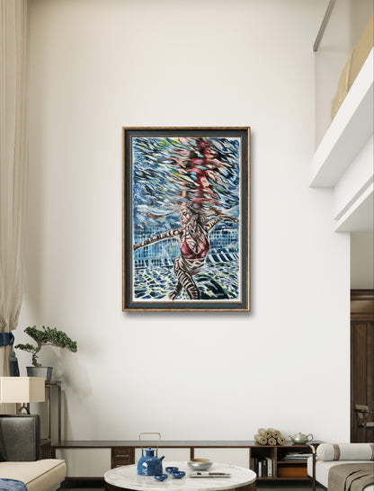 "Underwater Beauty" artwork by Misty Lady, showing a woman beneath the water with colorful light reflections on the pool’s surface.