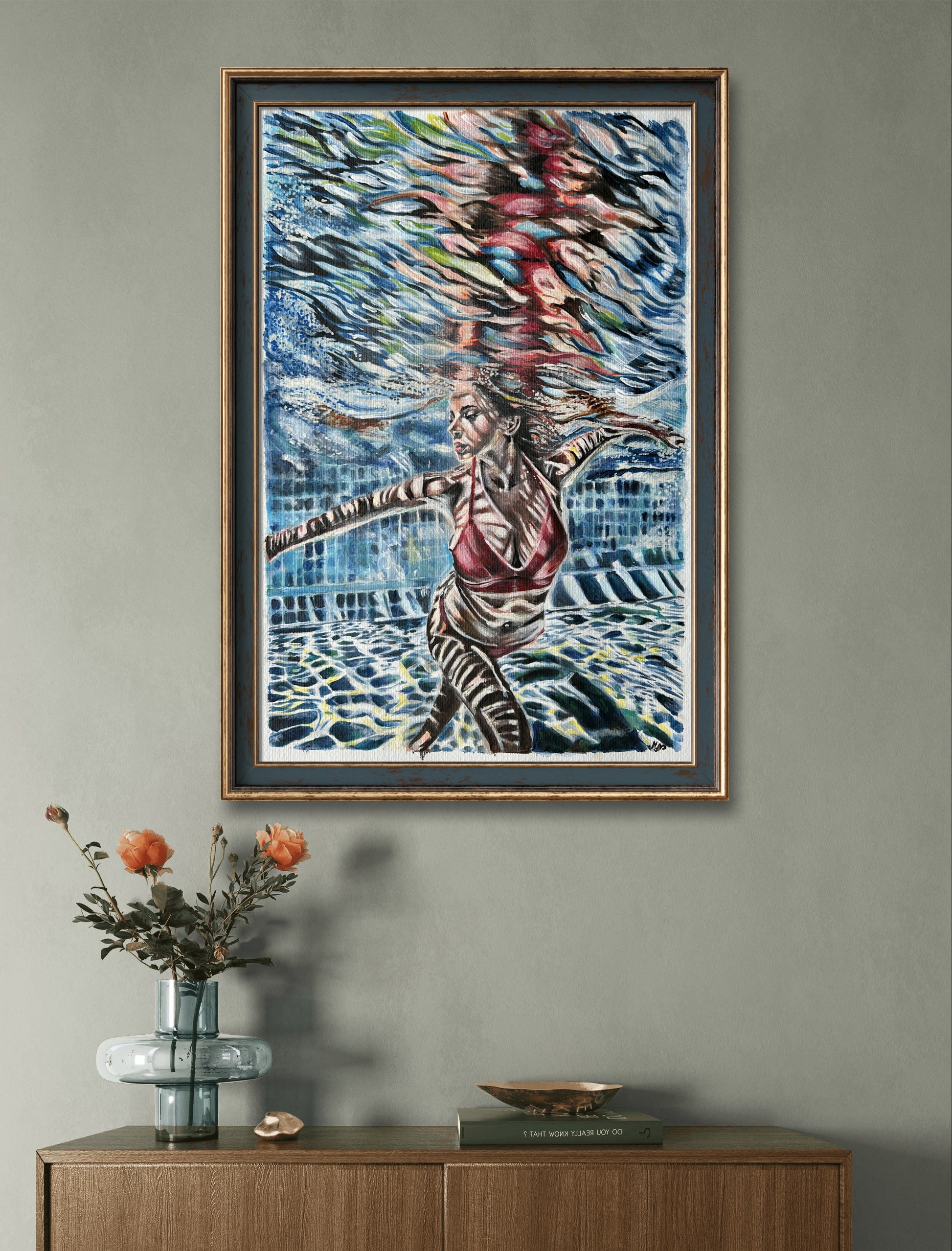 Original art "Underwater Beauty" portraying a woman walking underwater, with colorful reflections above her, created using watercolors and ink.