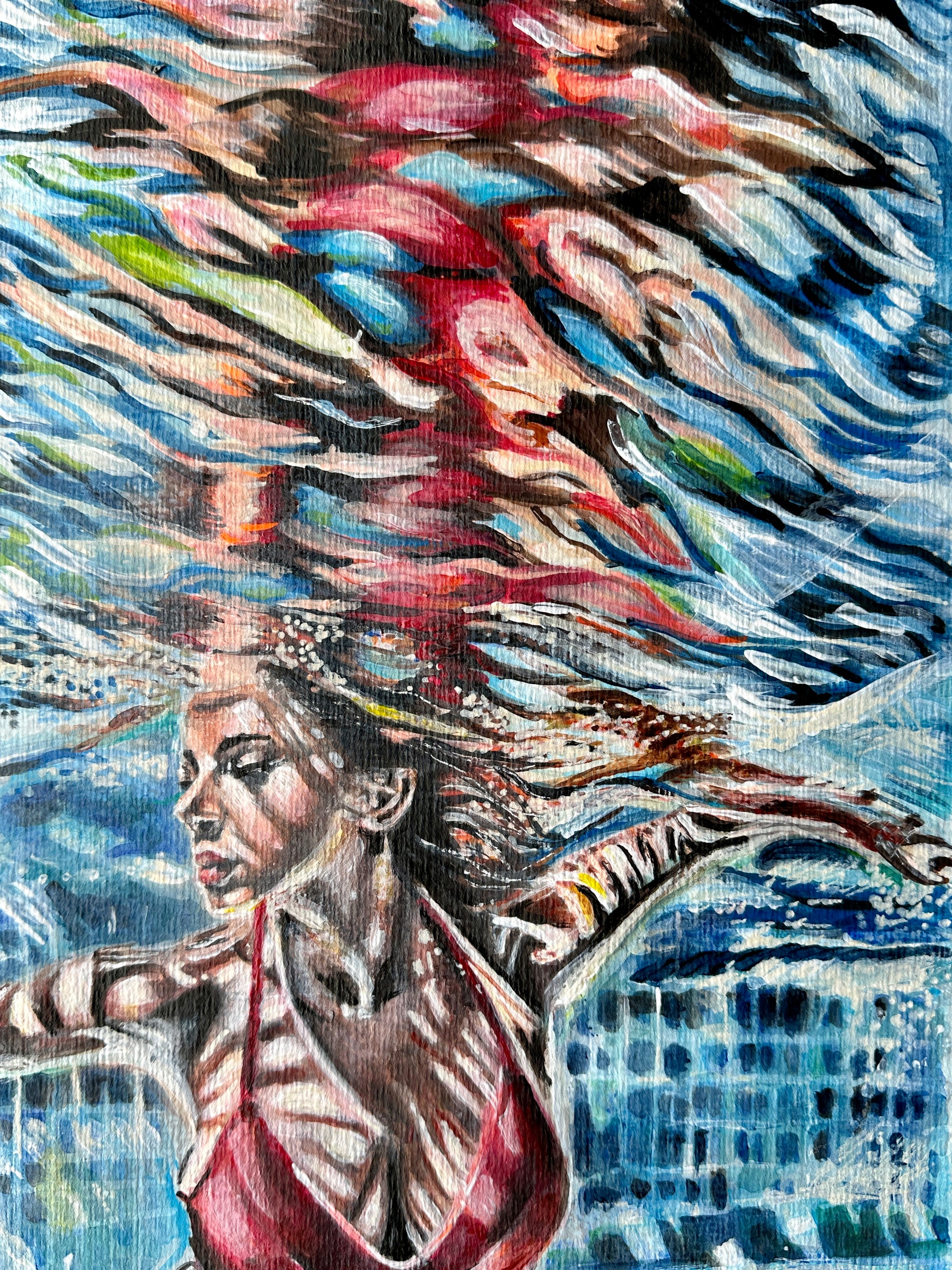 Vibrant "Underwater Beauty" artwork by Misty Lady, depicting a young woman beneath colorful water reflections on the bottom of a pool.