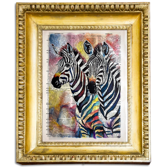 "Joyful Zebras" by Misty Lady, digital art from a painting on an upcycled vintage English dictionary page.