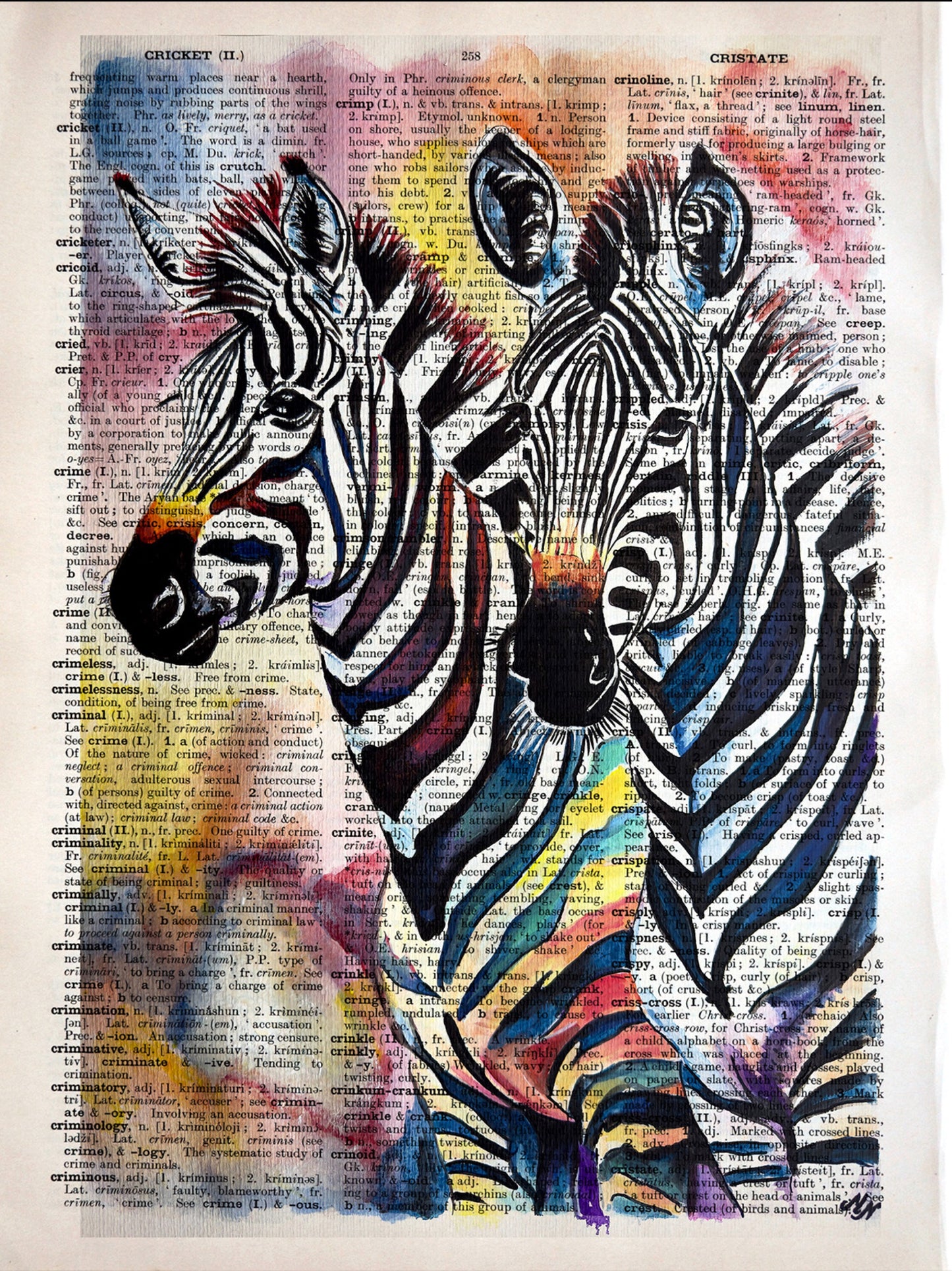 "Joyful Zebras" by Misty Lady, featuring playful zebras on a vintage dictionary page from 'The Universal Dictionary of the English Language.'
