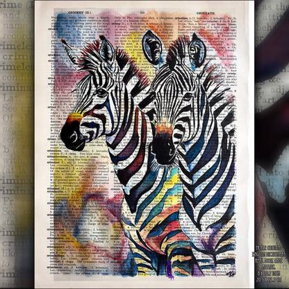 "Joyful Zebras" by Misty Lady on a vintage page, showcasing zebras in vibrant colors on a repurposed dictionary page.