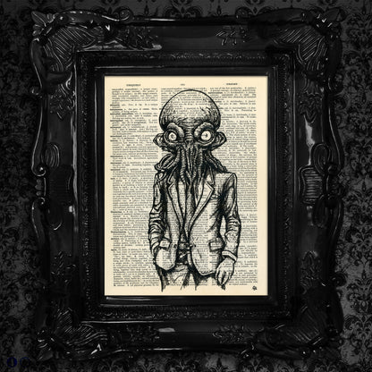 A terrifying extraterrestrial figure in a suit, with a vintage dictionary page as the canvas.