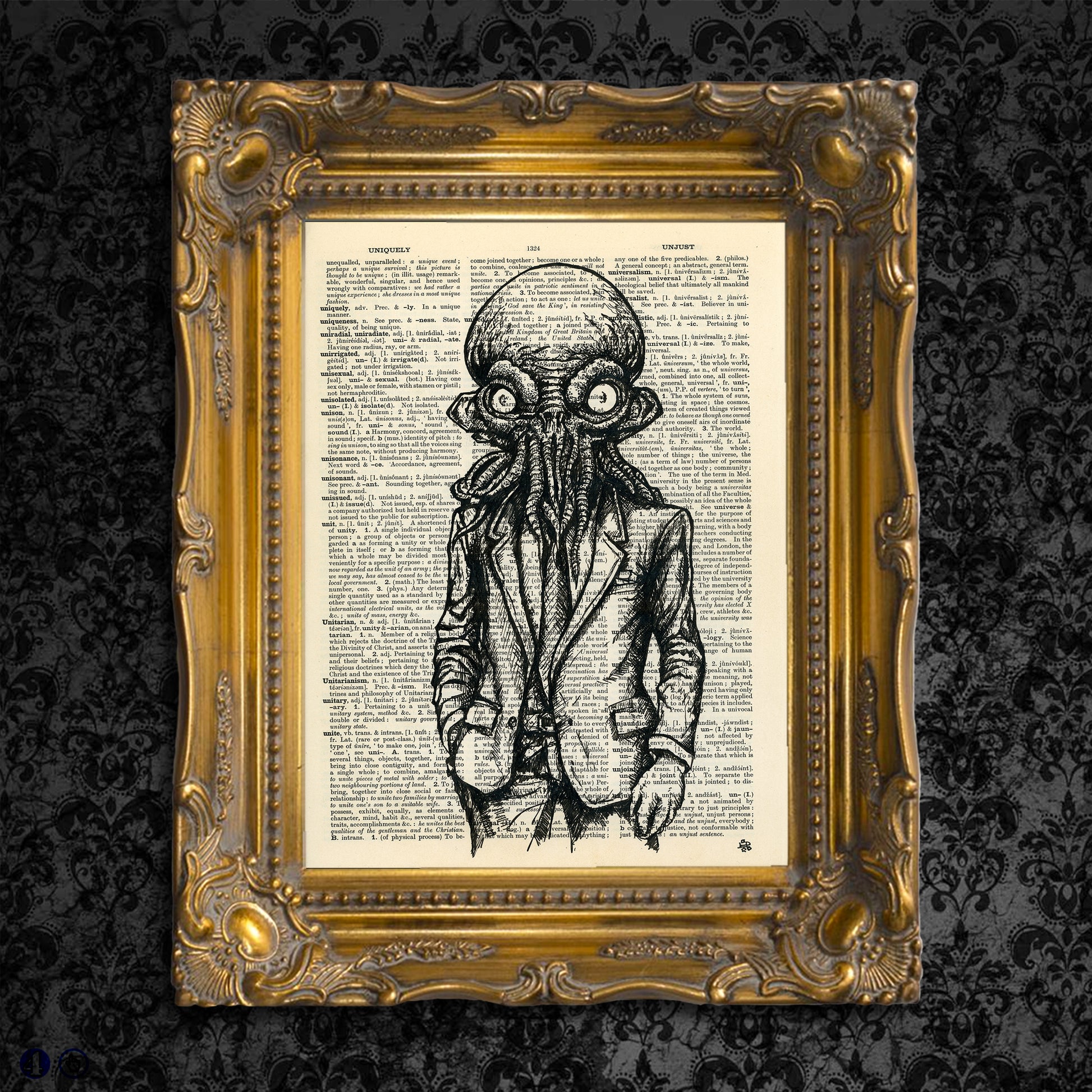 Lovecraftian-inspired art featuring Cthulhu, crafted on a repurposed vintage dictionary page.