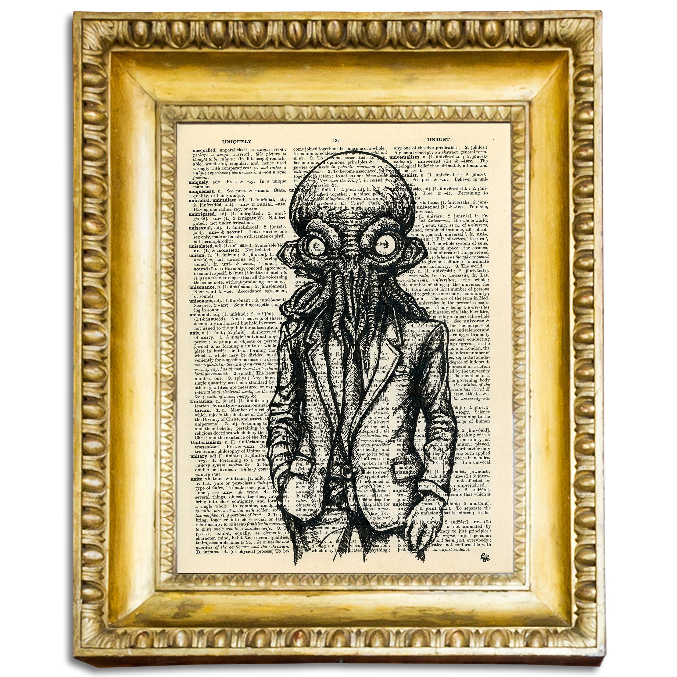 Cthulhu in a Suit - Original Ink Drawing Art on Dictionary Page – ArtCursor