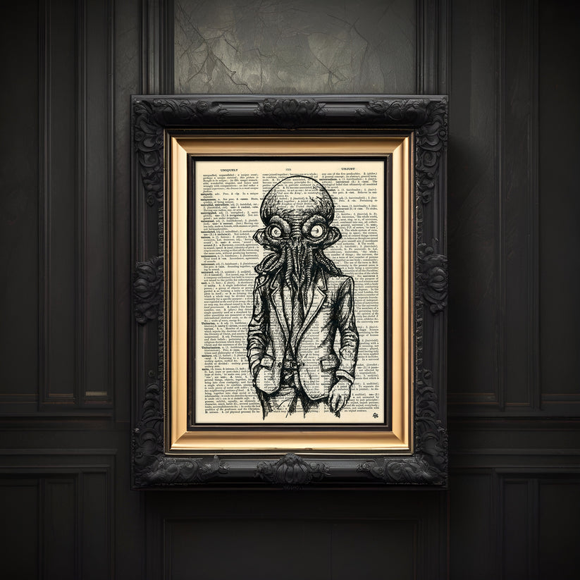 Cthulhu in a Suit - Original Ink Drawing Art on Dictionary Page – ArtCursor