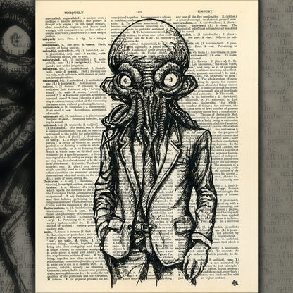 Cthulhu in a suit, created with ink markers on an upcycled 1930s English dictionary page.