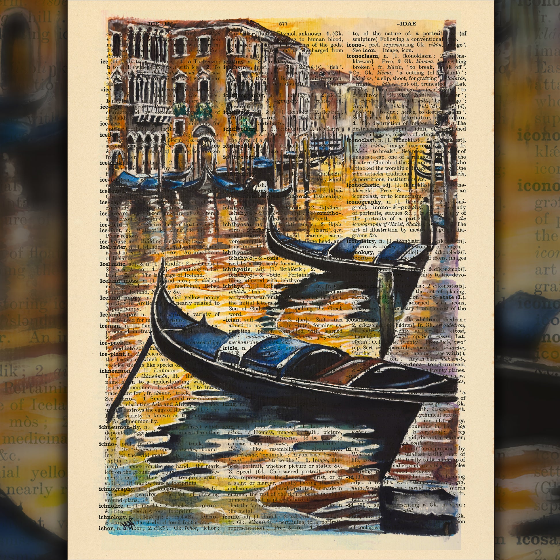 A picturesque depiction of Venice at sunset, featuring a gondola gliding through tranquil waters, printed on a 1930s dictionary page.