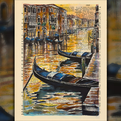 A picturesque depiction of Venice at sunset, featuring a gondola gliding through tranquil waters, printed on a 1930s dictionary page.