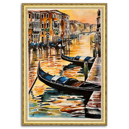 Venetian gondola gliding through sunlit waterways.