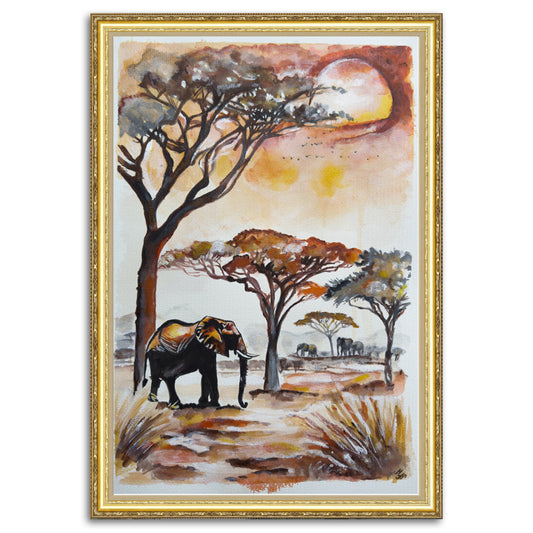 Vibrant canvas artwork titled Safari Evening showcasing the African savannah.