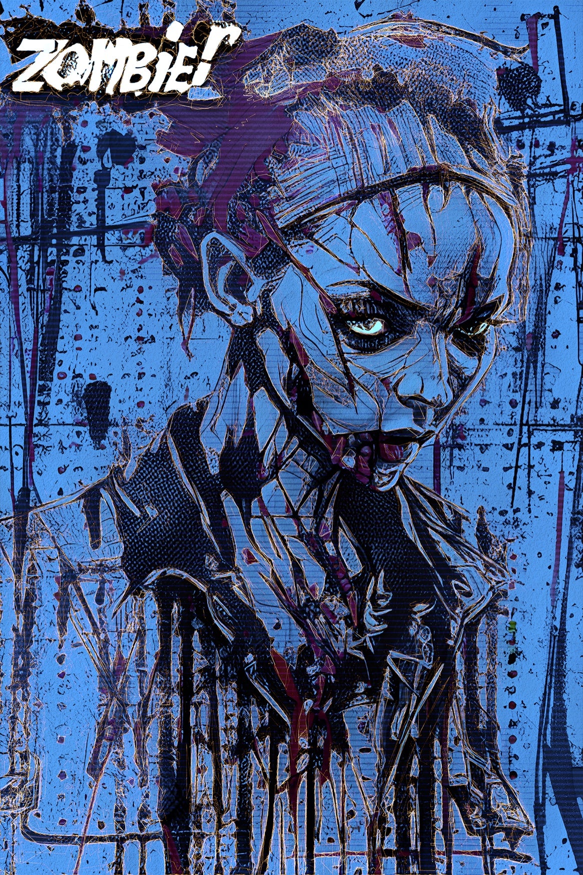 Wicked "Zombie" print featuring a zombie chick with a cool color scheme and golden lines