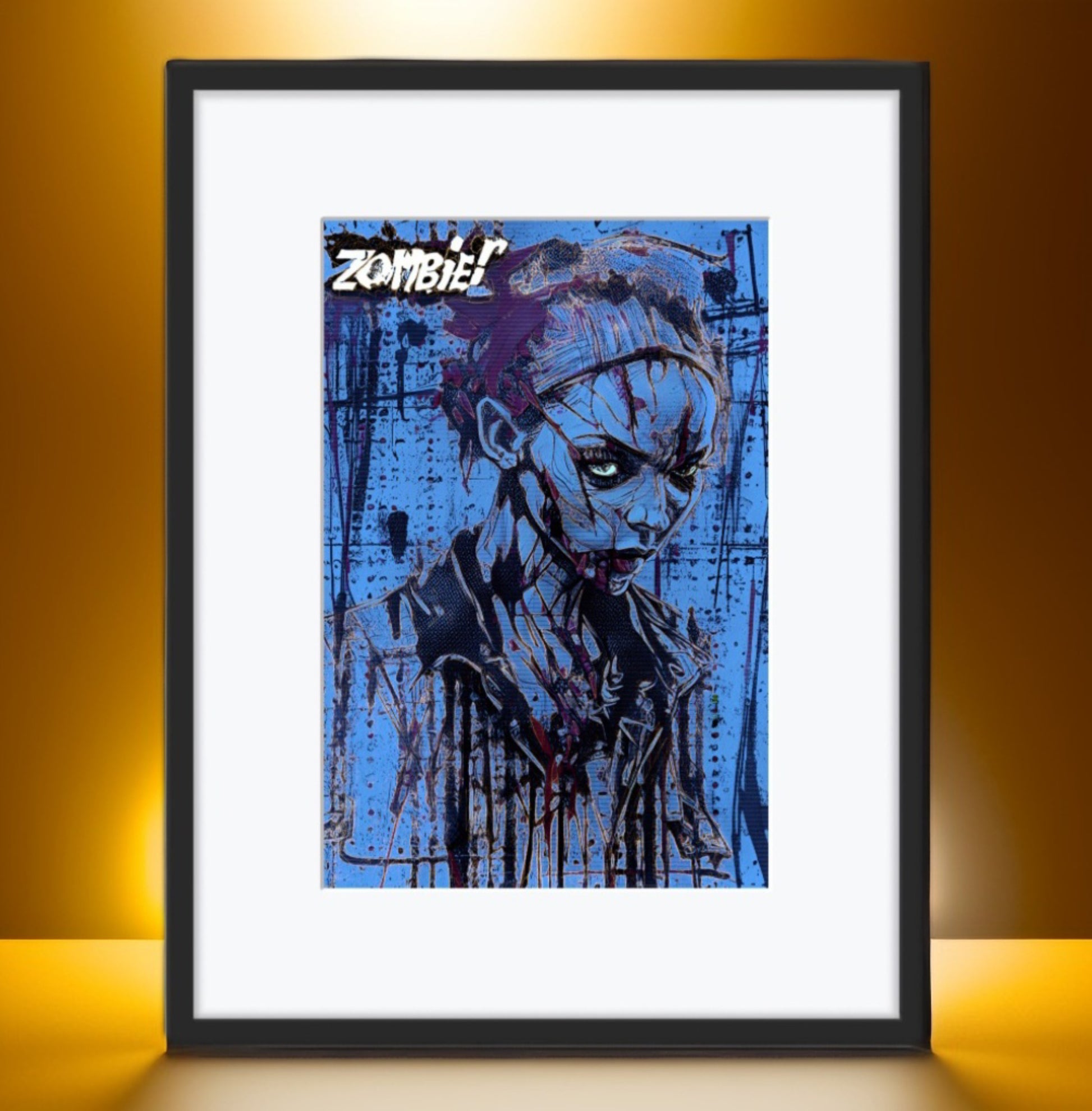 "Zombie" limited print: Cool-toned zombie girl with golden highlights and a B-movie poster vibe