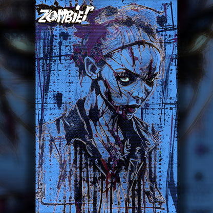 Portrait of a zombie girl in cool tones, highlighted with luminous golden lines on fine art paper