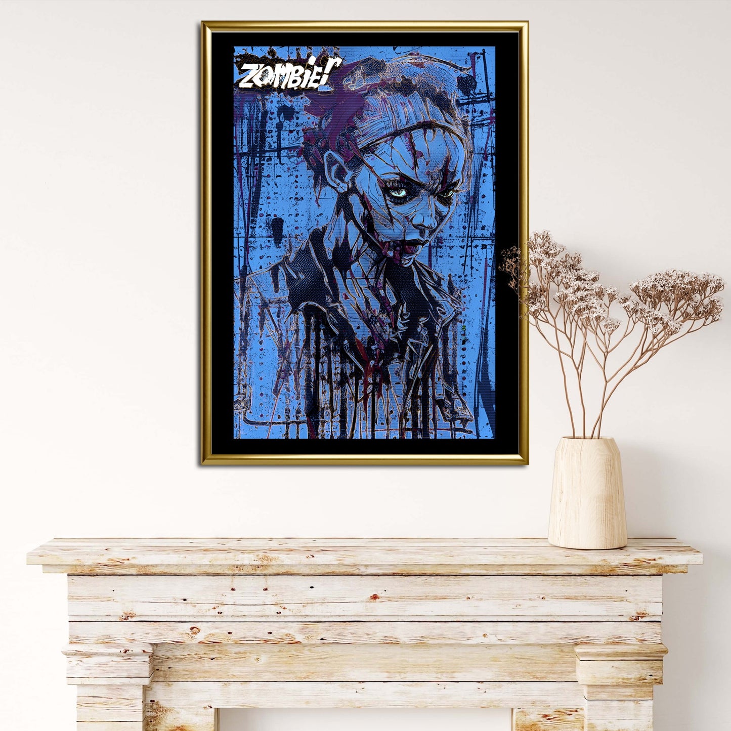 Zombie girl artwork with deep navy and icy blue colors, accented with luminous golden pen lines