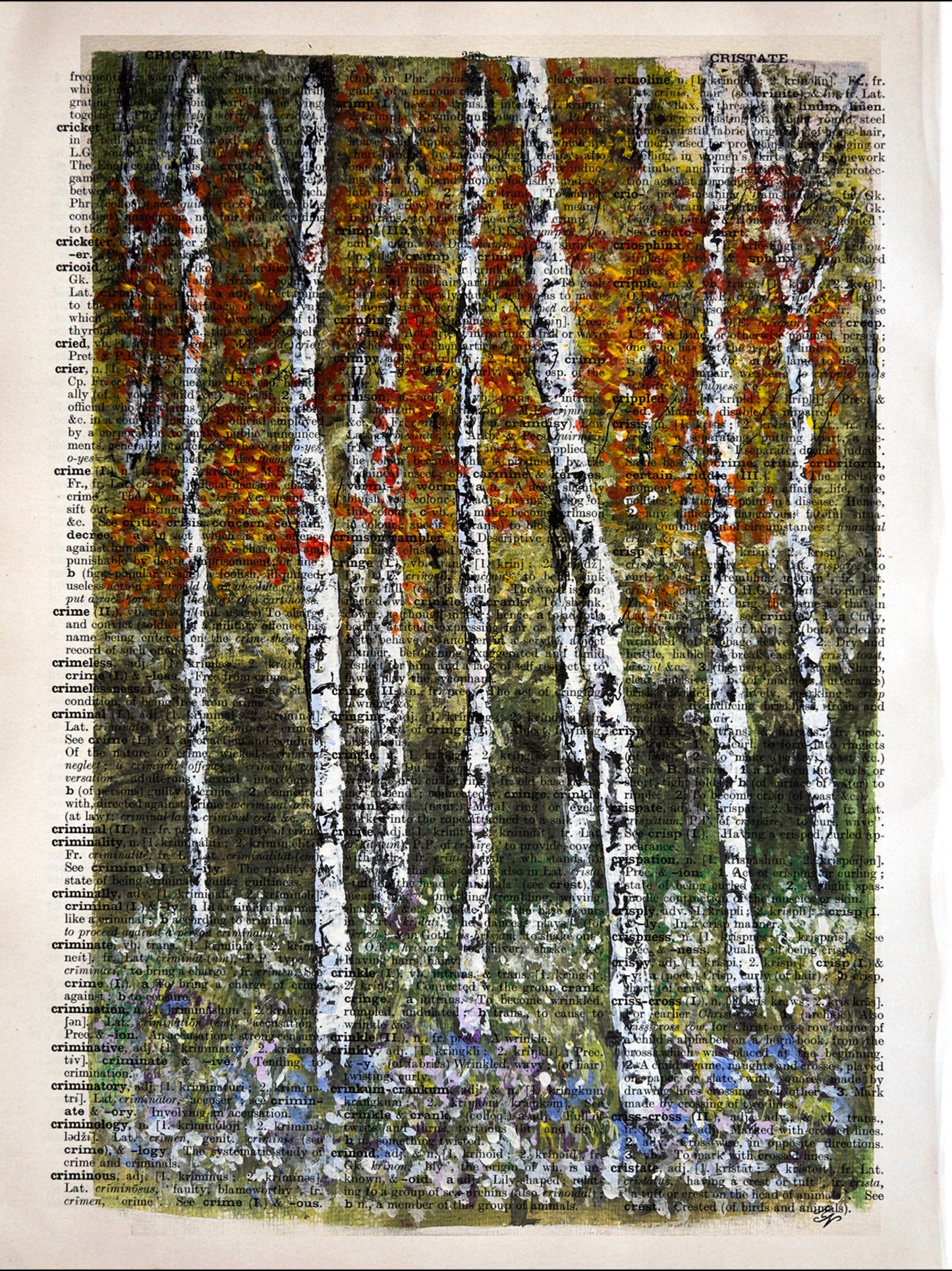 "Aspen Dreams" by Malgorzata Nierobis: Trees in the woods on an upcycled vintage dictionary page.