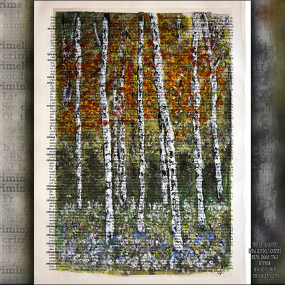"Aspen Dreams" impressionistic painting on a vintage dictionary page, capturing serene woodland beauty.