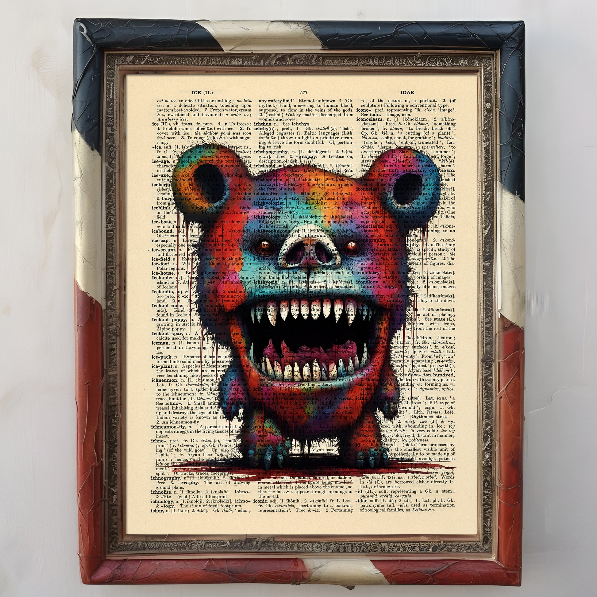 The Horror Show Creepy Bear combines eerie art with vintage dictionary pages.