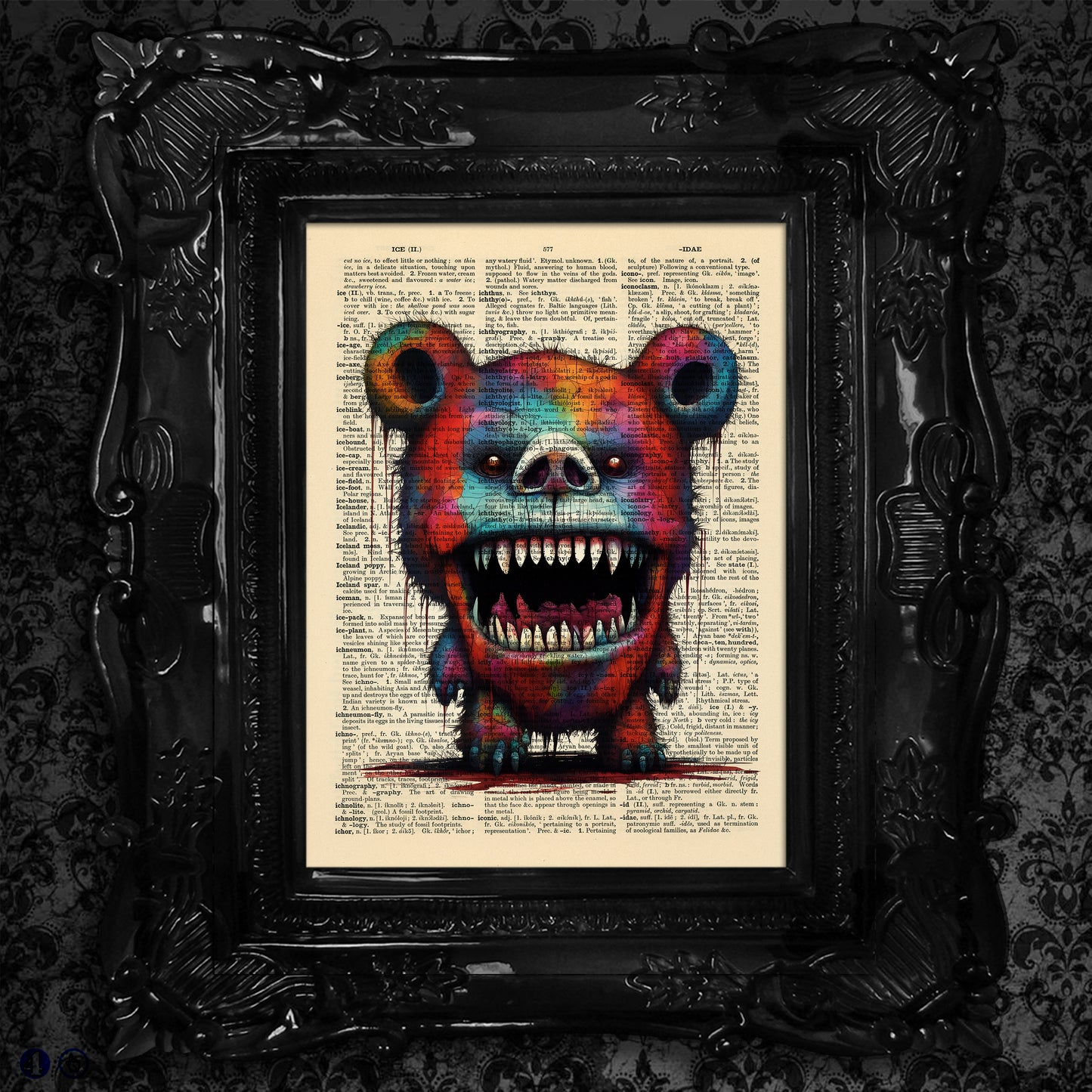 Creepy bear portrait with giant head and fangs on upcycled vintage dictionary page.