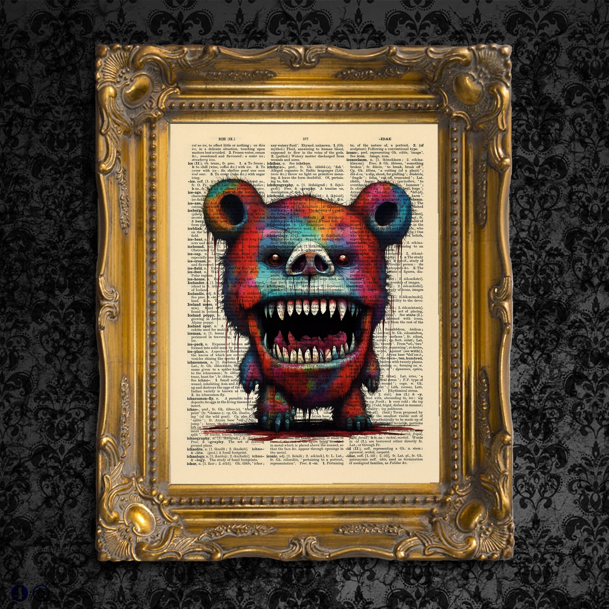 Eco-conscious art The Horror Show Creepy Bear print on upcycled book pages.