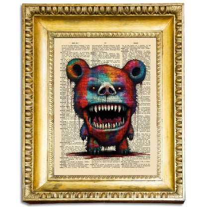 The Horror Show Creepy Bear print on vintage dictionary page featuring a fanged bear.