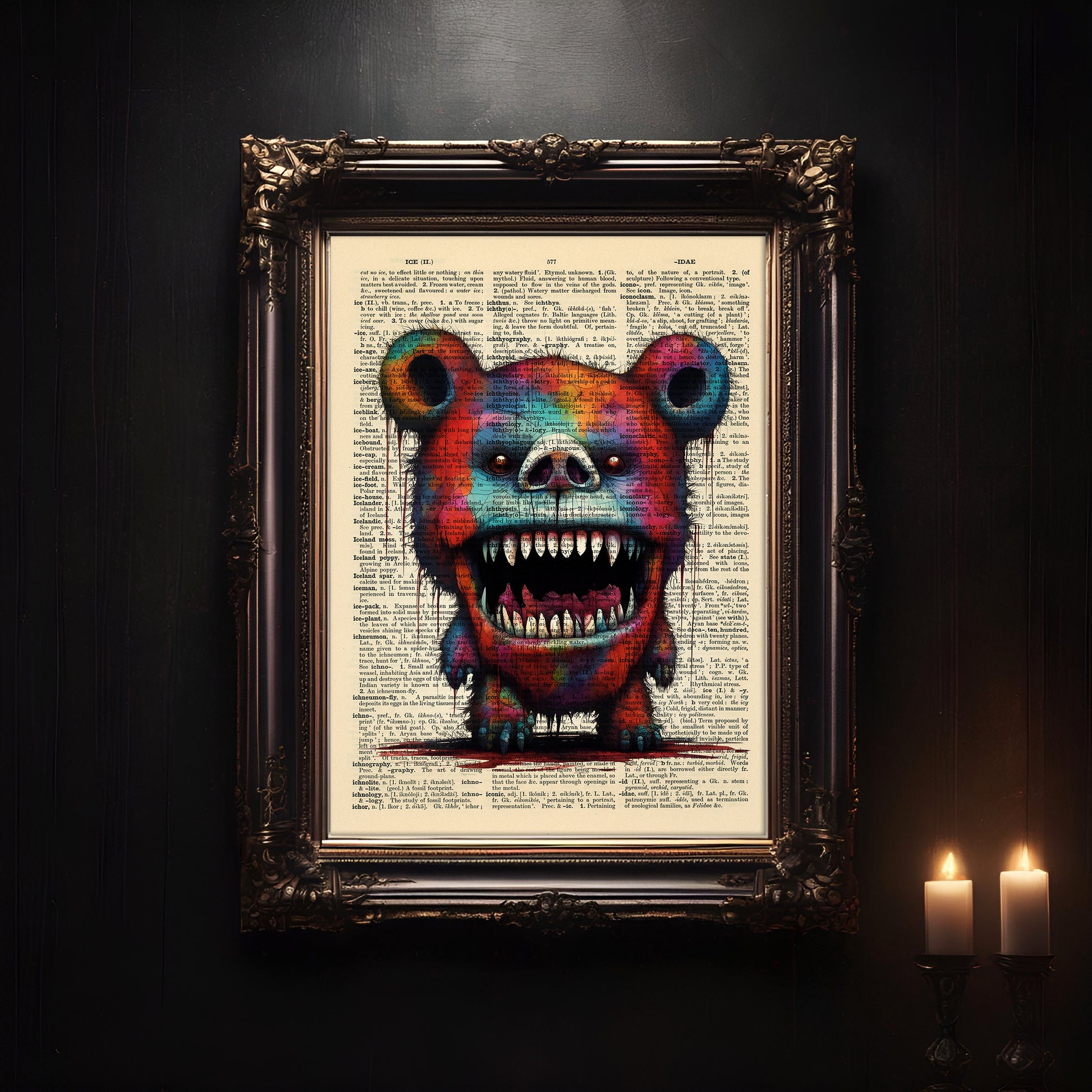 Digital artwork of a fearsome bear on an authentic 1930s dictionary page.